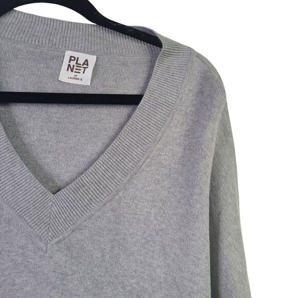 Planet by Lauren G Pima Cotton and Modal Boxy Gray V Neckline Cut Out Sweater OS - Picture 3 of 12